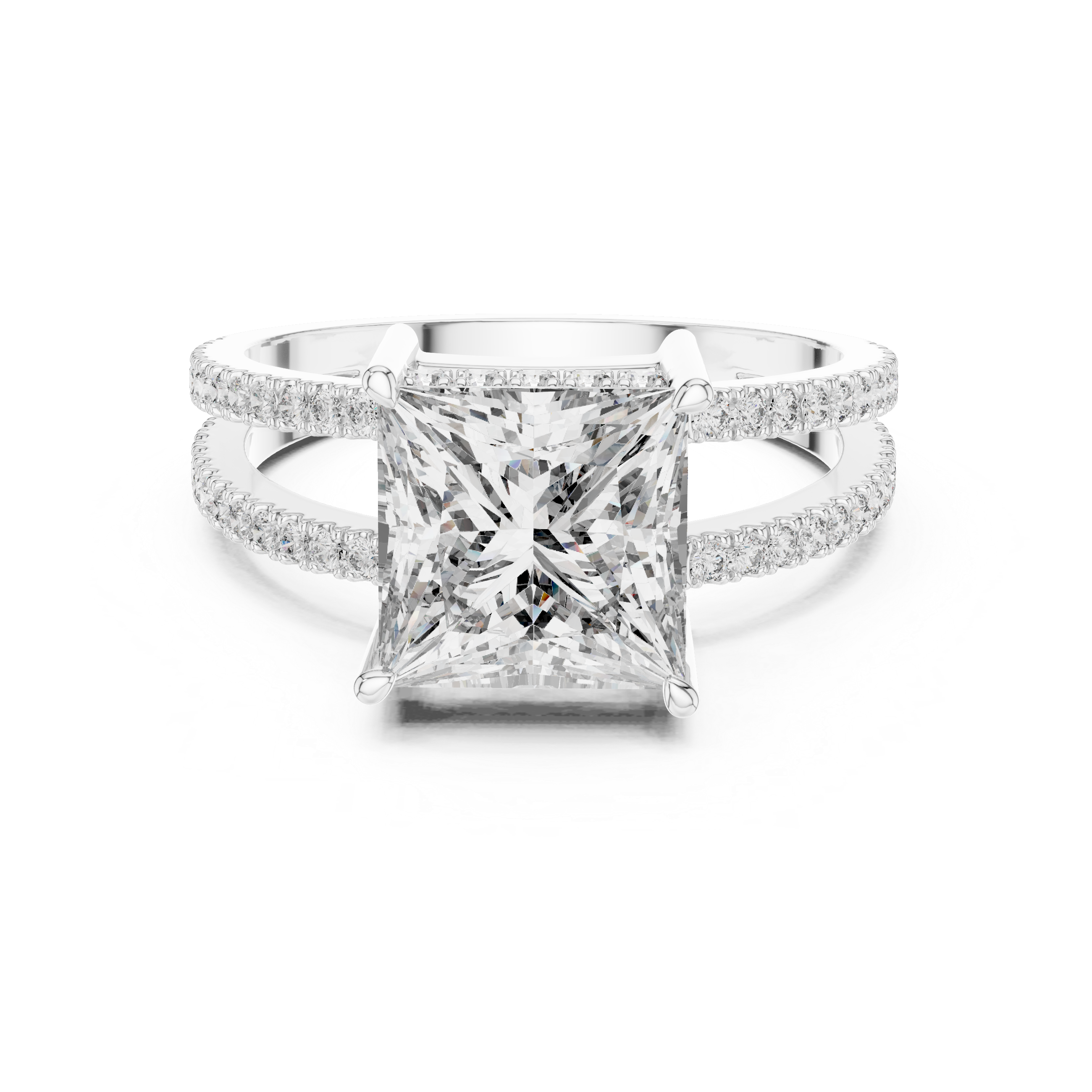 Princess Cut Solitaire Engagement Ring with Split Pave Shank & Collar Accent