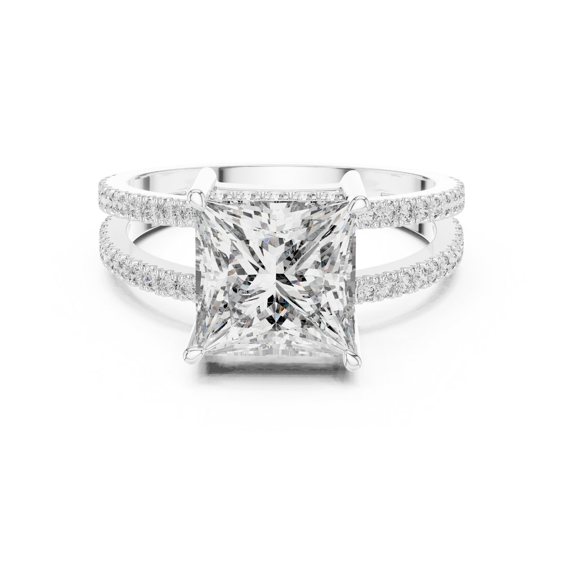 Princess Cut Solitaire Engagement Ring with Split Pave Shank & Collar Accent
