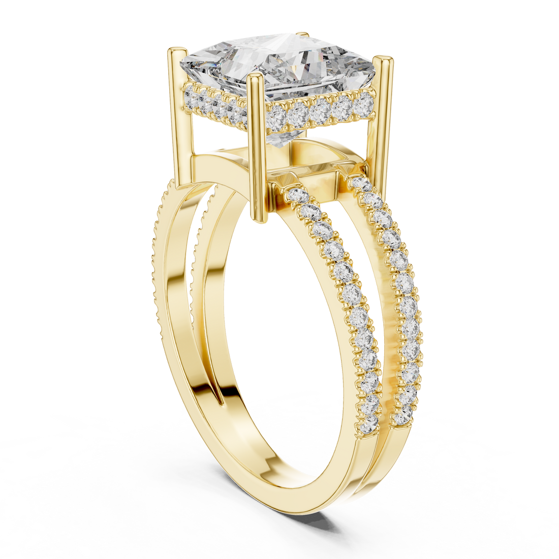 Princess Cut Solitaire Engagement Ring with Split Pave Shank & Collar Accent