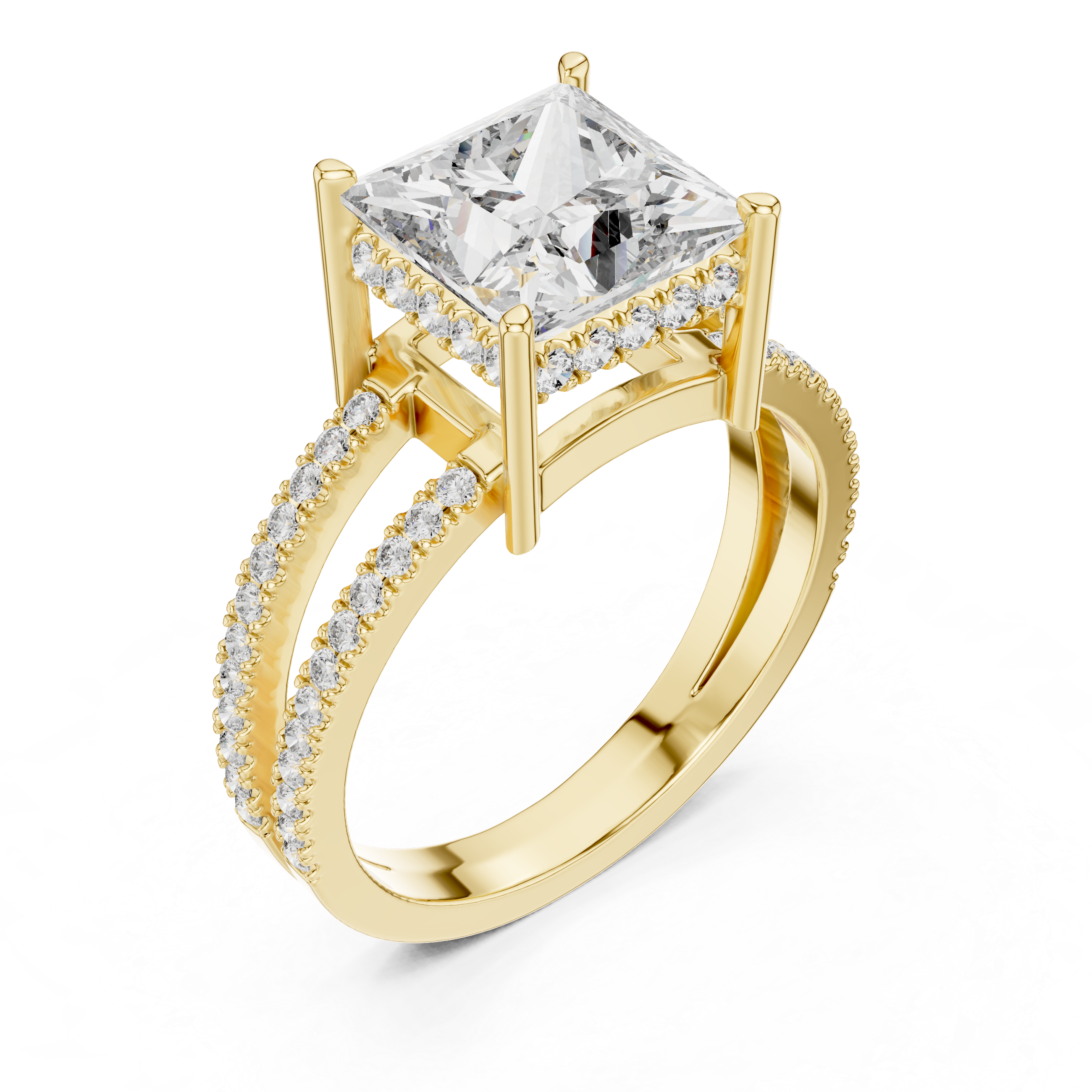 Princess Cut Solitaire Engagement Ring with Split Pave Shank & Collar Accent
