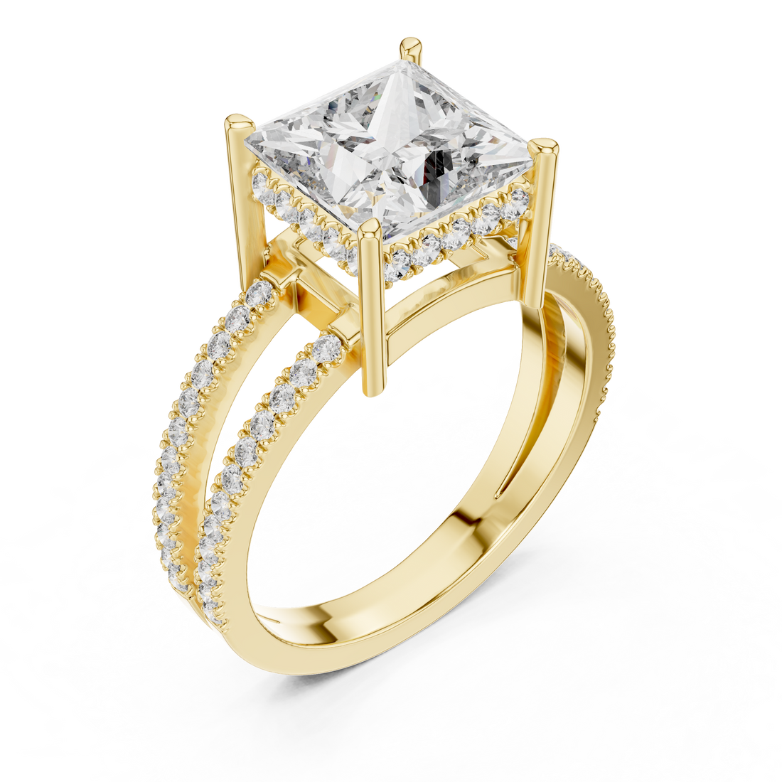 Princess Cut Solitaire Engagement Ring with Split Pave Shank & Collar Accent