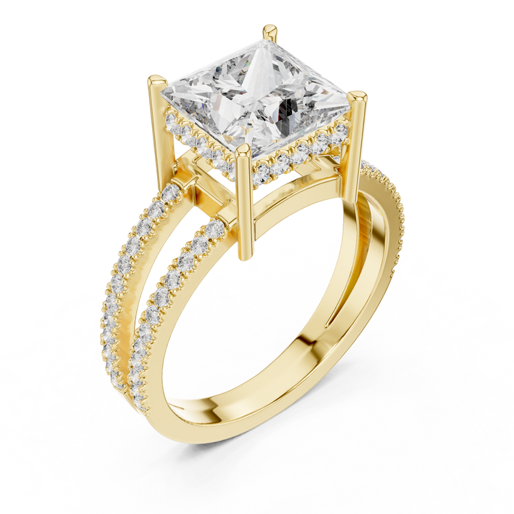 Princess Cut Solitaire Engagement Ring with Split Pave Shank & Collar Accent