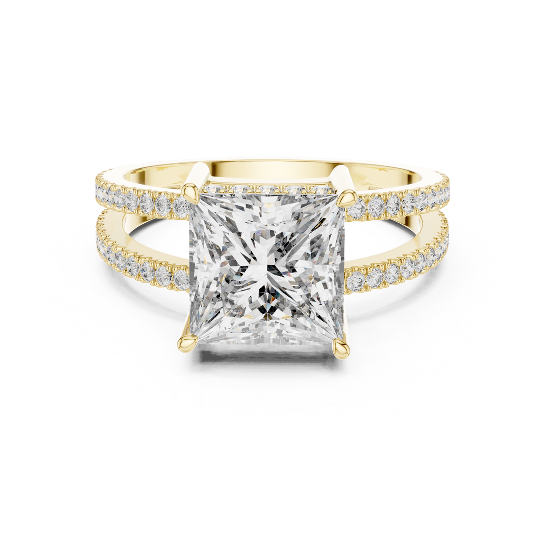 Princess Cut Solitaire Engagement Ring with Split Pave Shank & Collar Accent