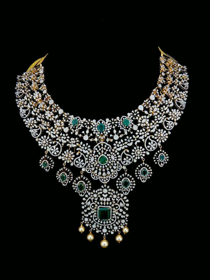 Bridal Gold Diamond Necklace with Emerald Accents