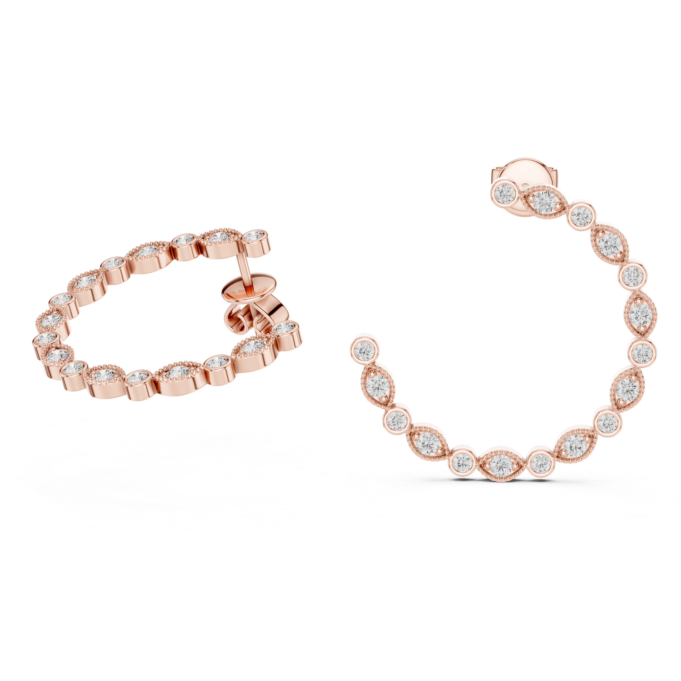 Triangle & Round Diamond Bezel Hoop Earrings