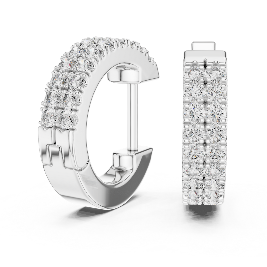 Double Row U-Cut Diamond Huggie Hoop Earrings