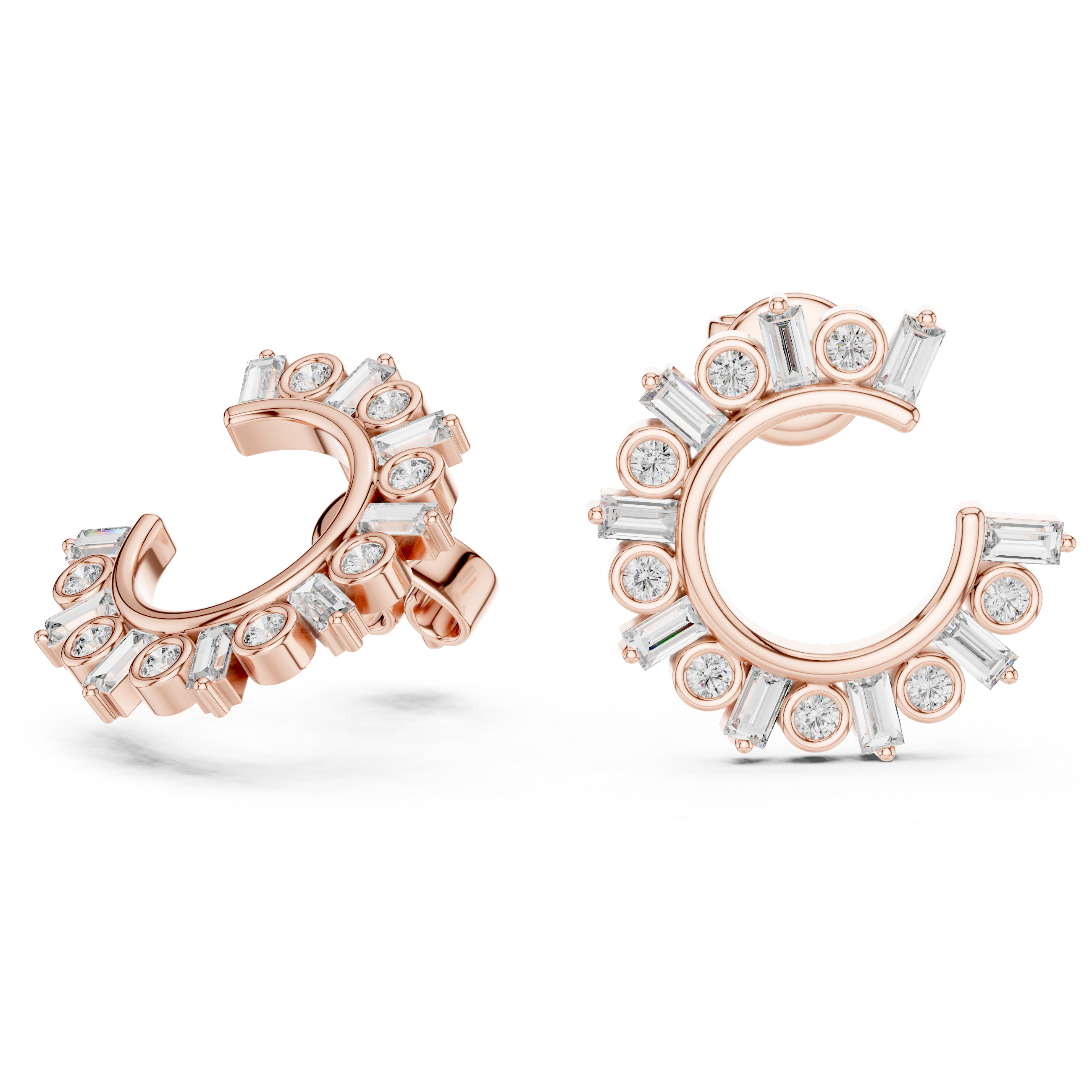 Round & Baguette Diamond Alternating Hoop Earrings