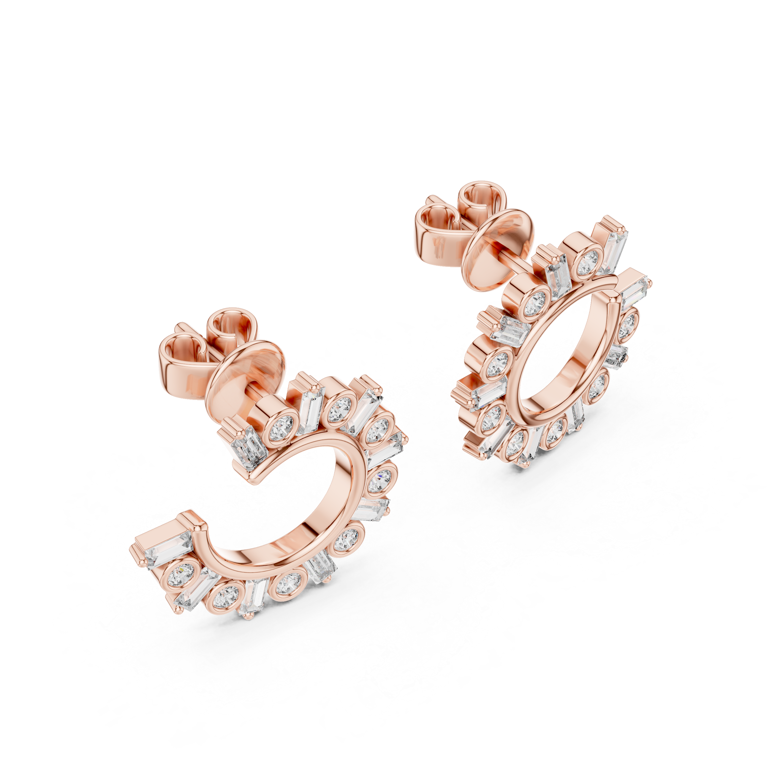 Round & Baguette Diamond Alternating Hoop Earrings