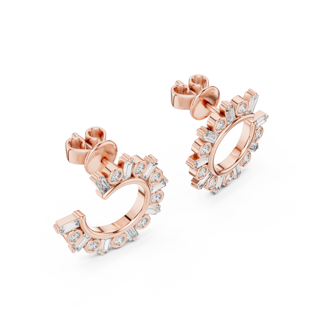 Round & Baguette Diamond Alternating Hoop Earrings