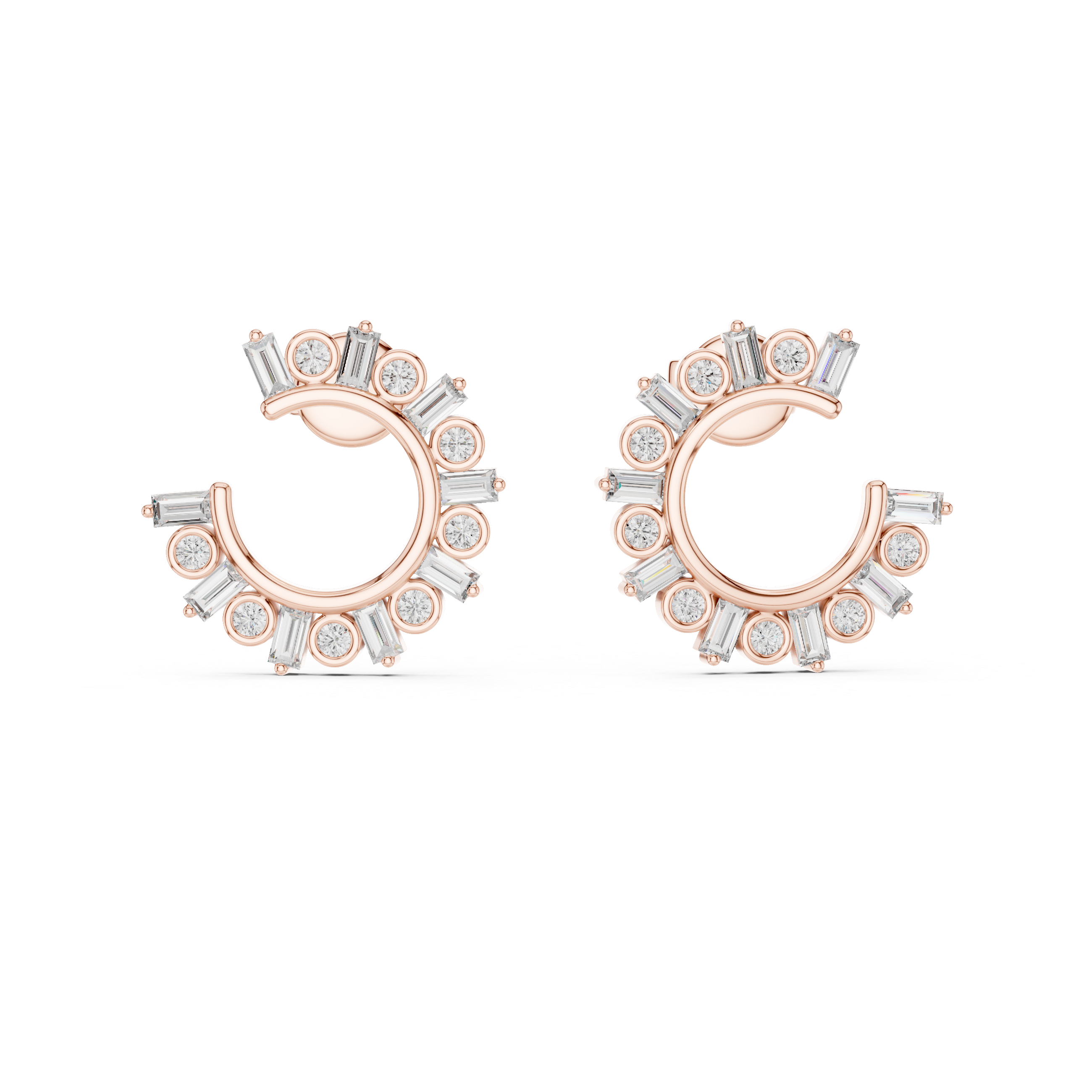 Round & Baguette Diamond Alternating Hoop Earrings