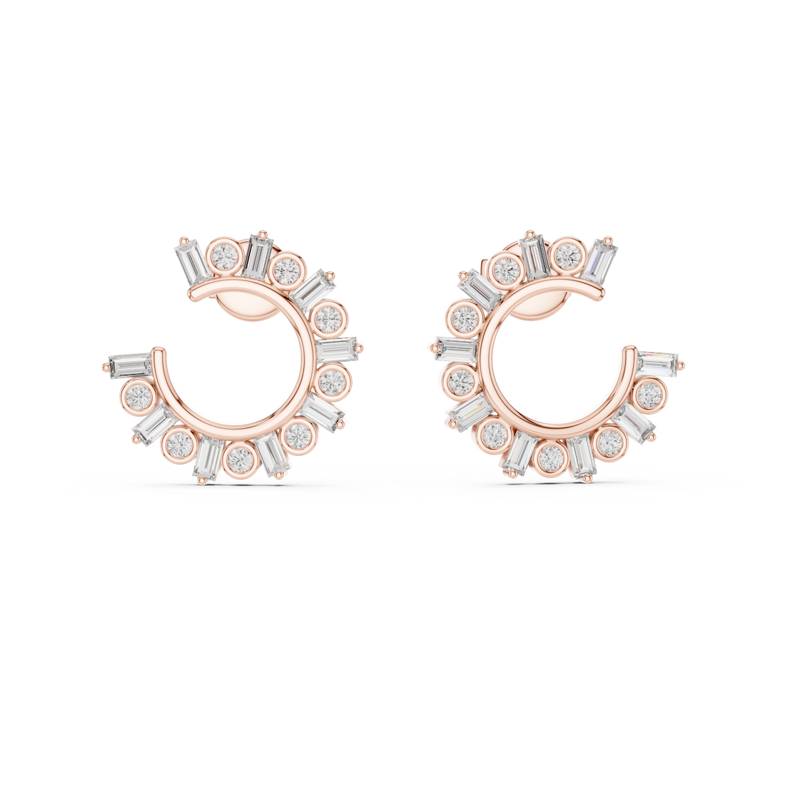Round & Baguette Diamond Alternating Hoop Earrings