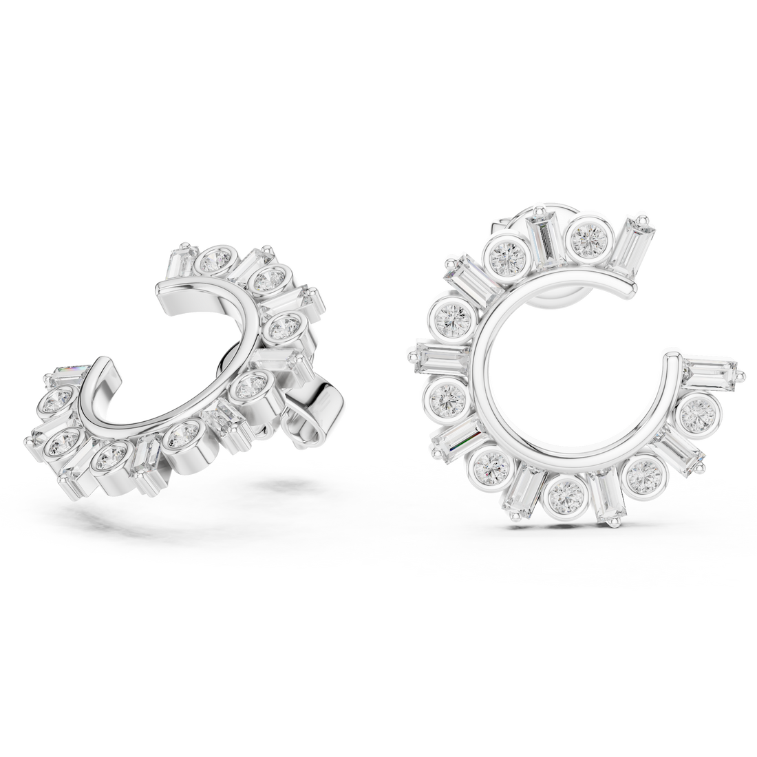 Round & Baguette Diamond Alternating Hoop Earrings