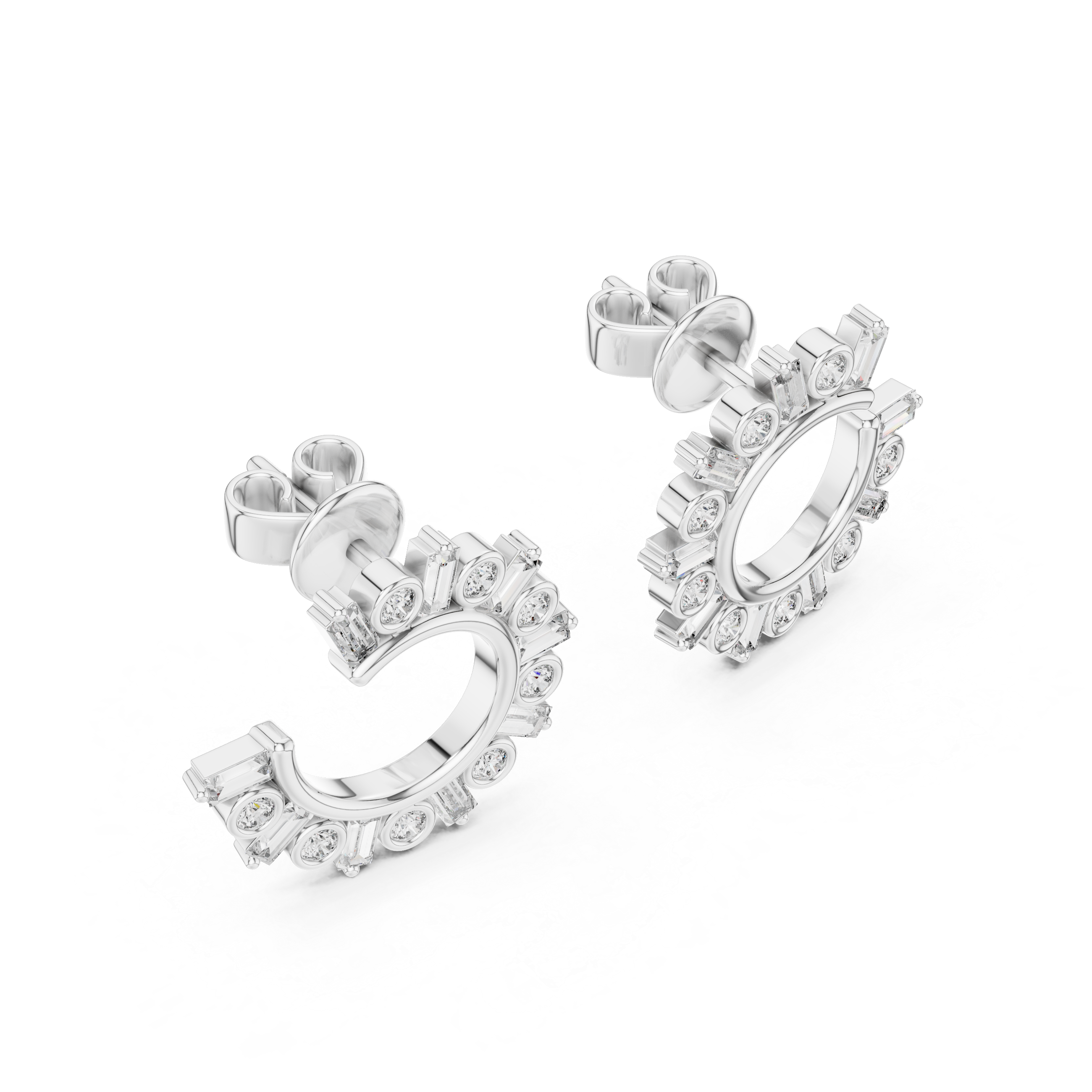 Round & Baguette Diamond Alternating Hoop Earrings