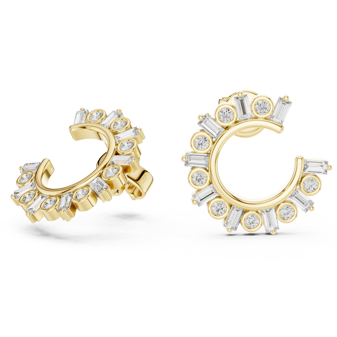 Round & Baguette Diamond Alternating Hoop Earrings