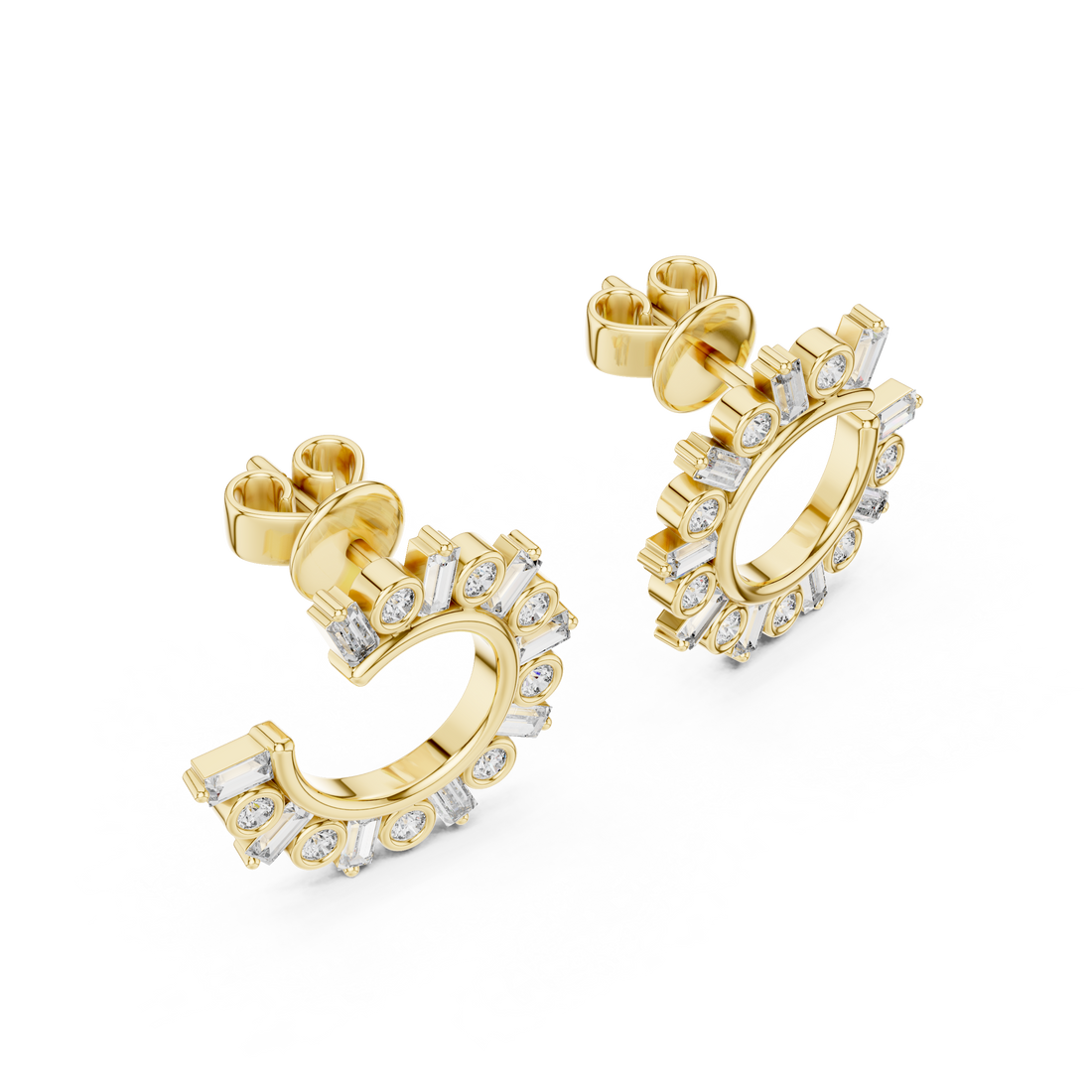 Round & Baguette Diamond Alternating Hoop Earrings