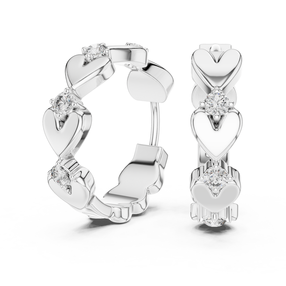Heart-Motif Round Diamond Hoop Earrings