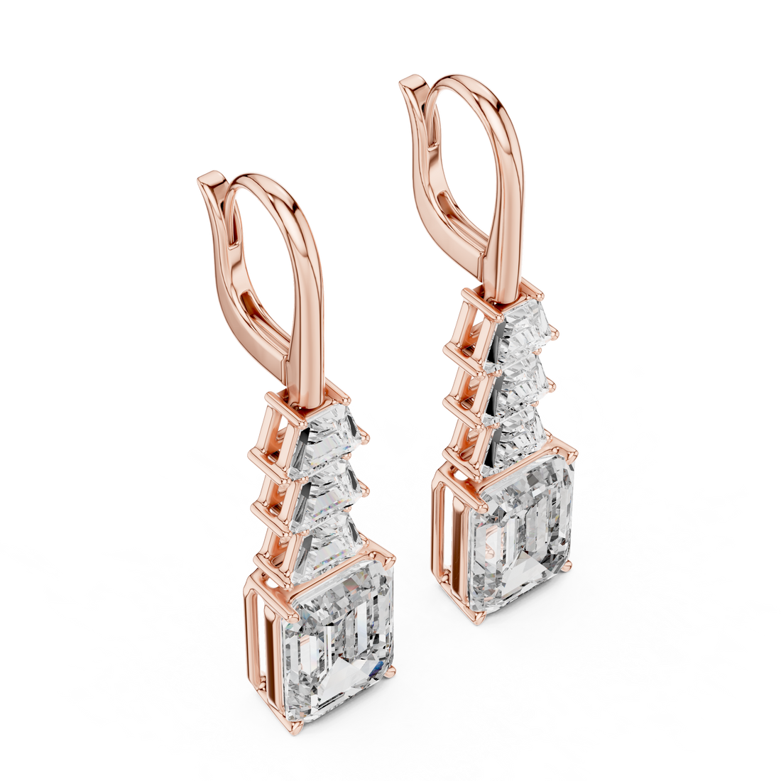 Emerald Cut Solitaire & Trapezoid Diamond Drop Earrings –