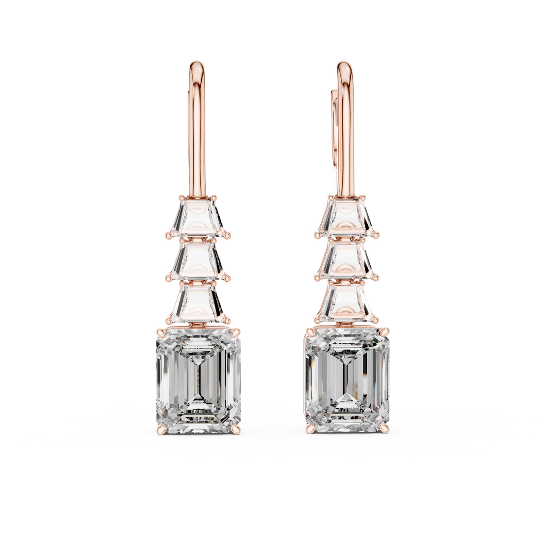 Emerald Cut Solitaire & Trapezoid Diamond Drop Earrings –