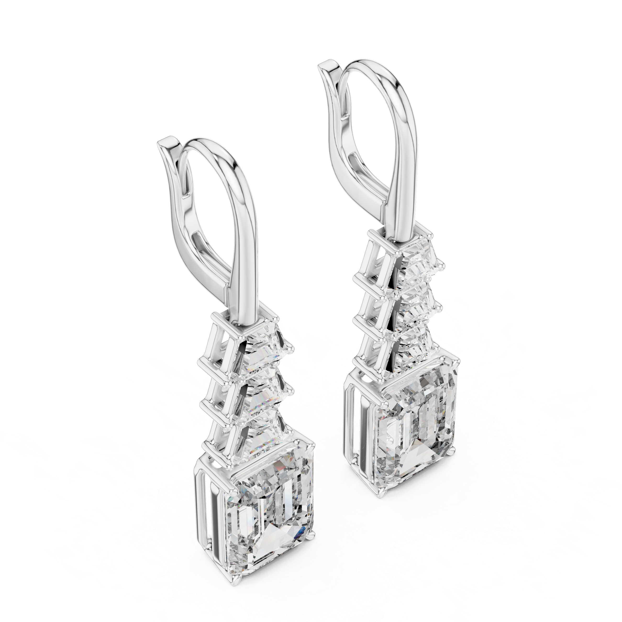 Emerald Cut Solitaire & Trapezoid Diamond Drop Earrings –