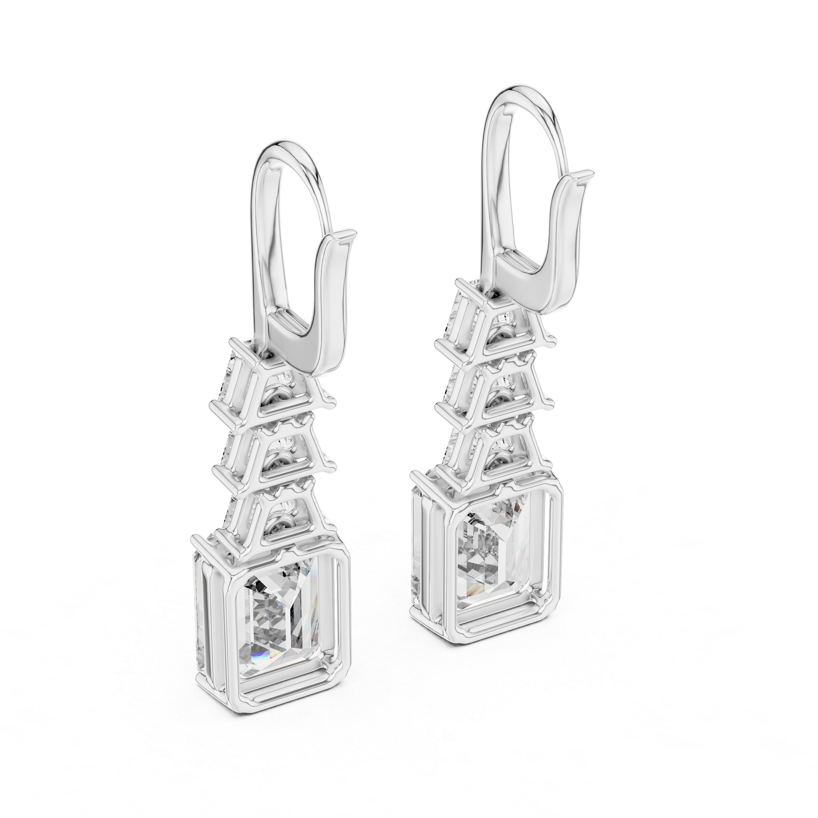 Emerald Cut Solitaire & Trapezoid Diamond Drop Earrings –