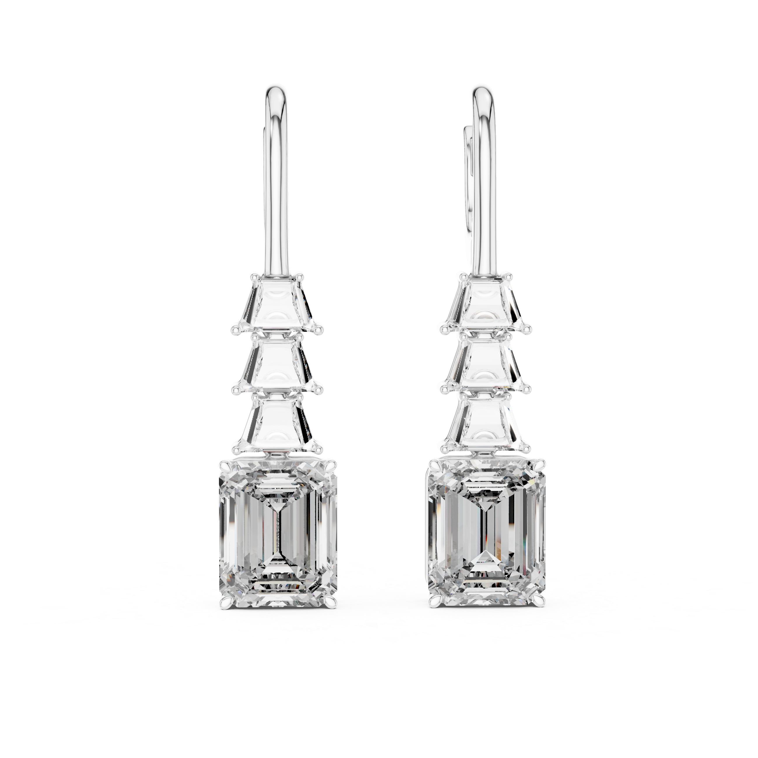 Emerald Cut Solitaire & Trapezoid Diamond Drop Earrings –