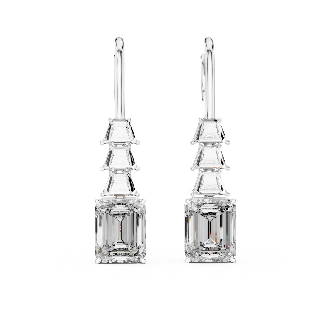 Emerald Cut Solitaire & Trapezoid Diamond Drop Earrings –