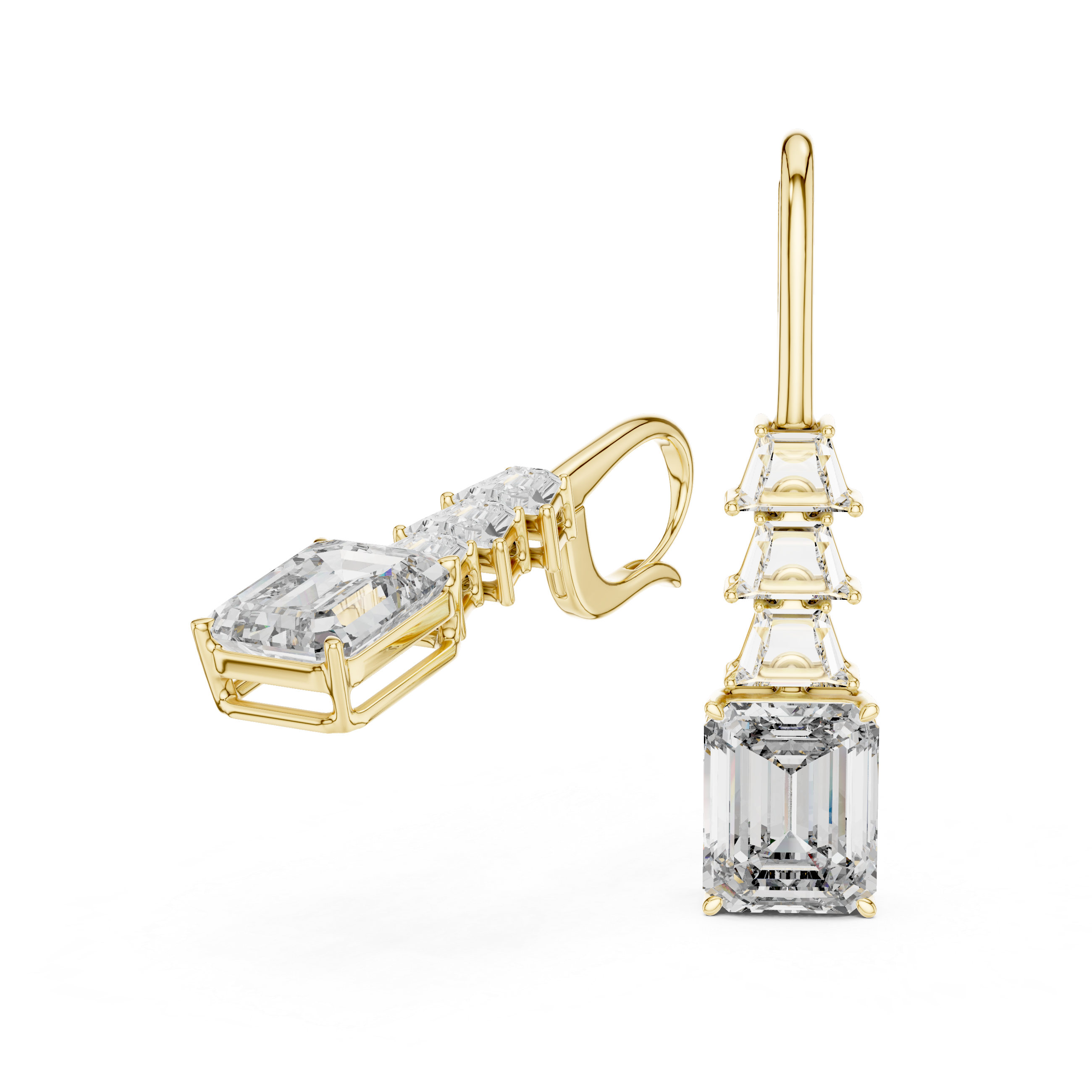 Emerald Cut Solitaire & Trapezoid Diamond Drop Earrings –