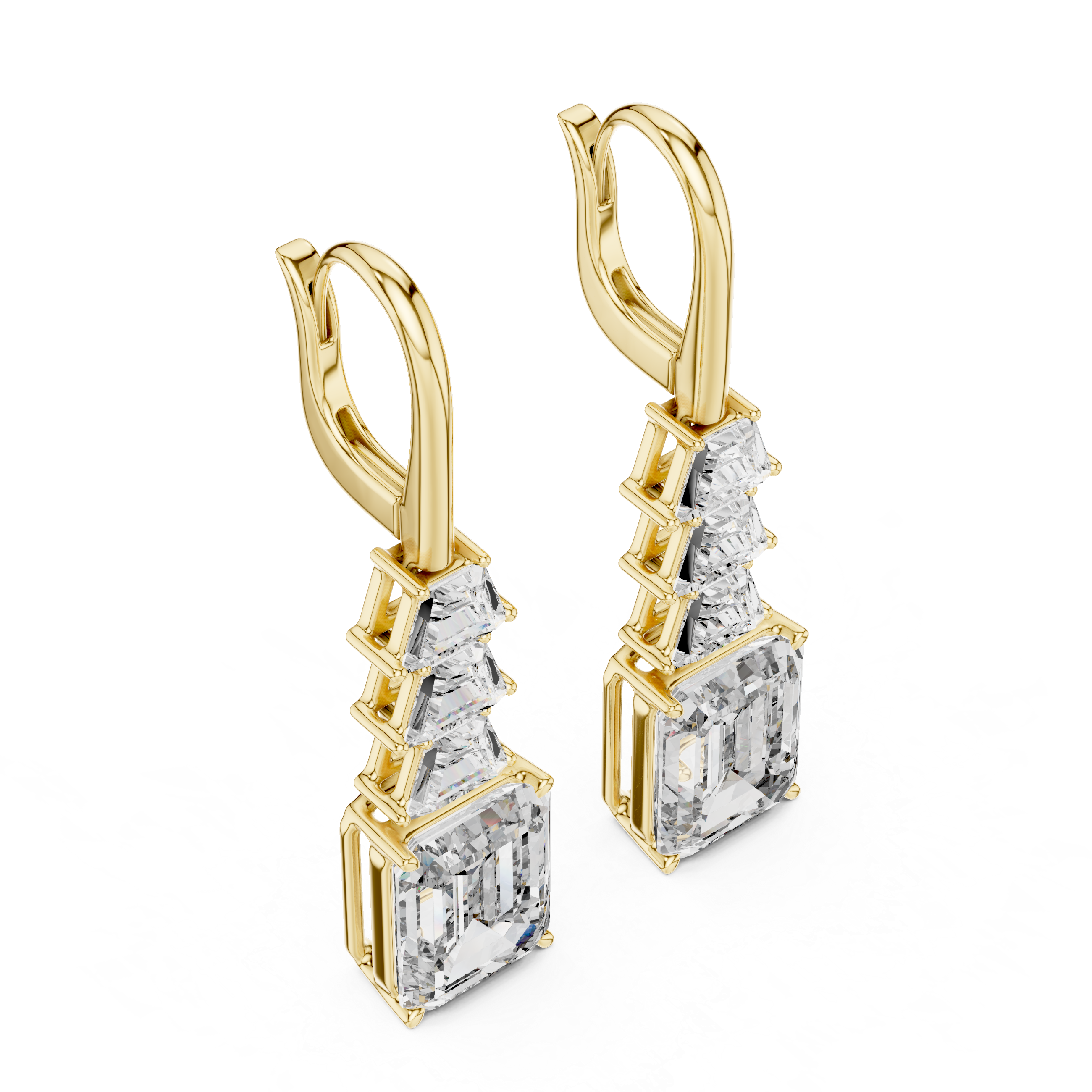 Emerald Cut Solitaire & Trapezoid Diamond Drop Earrings –