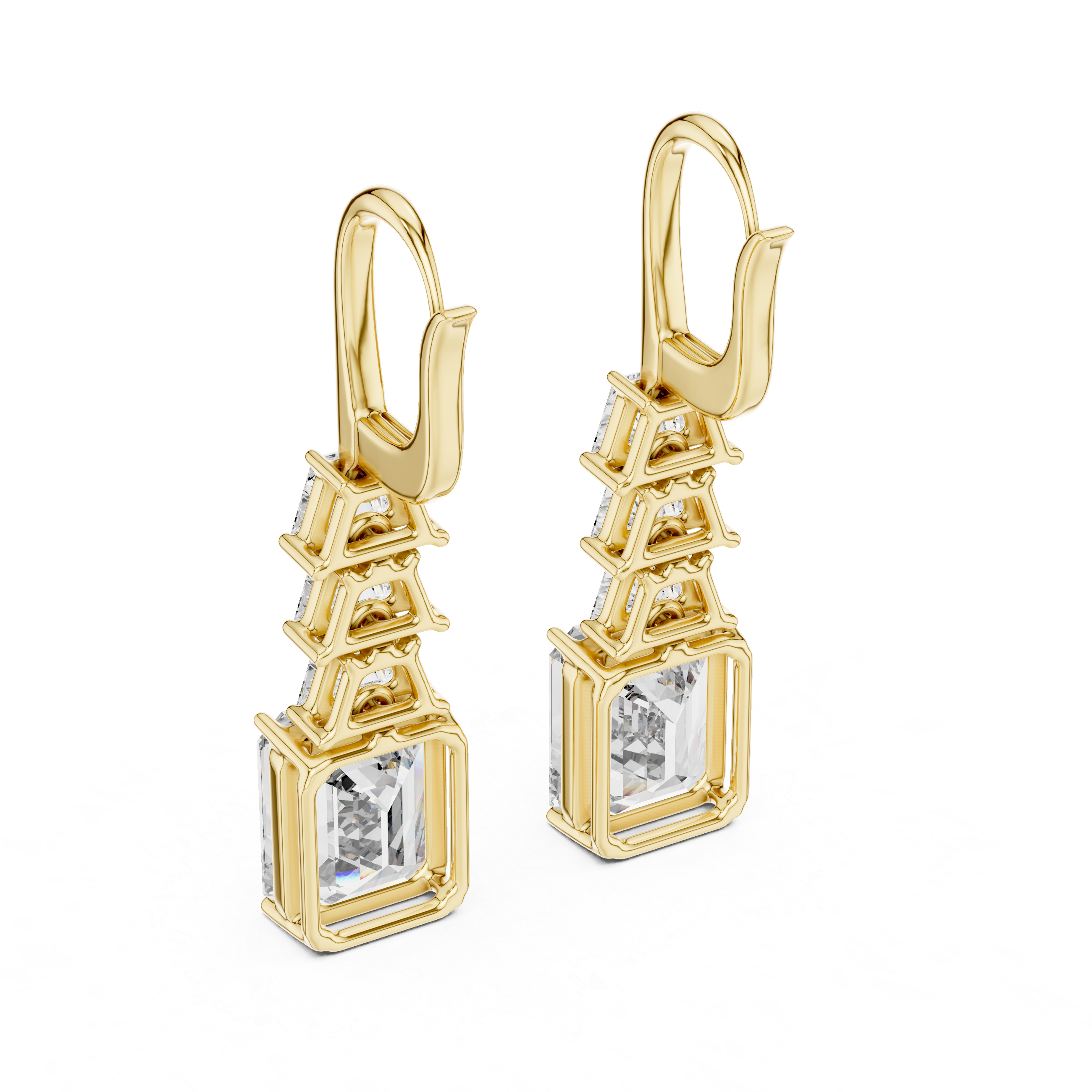 Emerald Cut Solitaire & Trapezoid Diamond Drop Earrings –