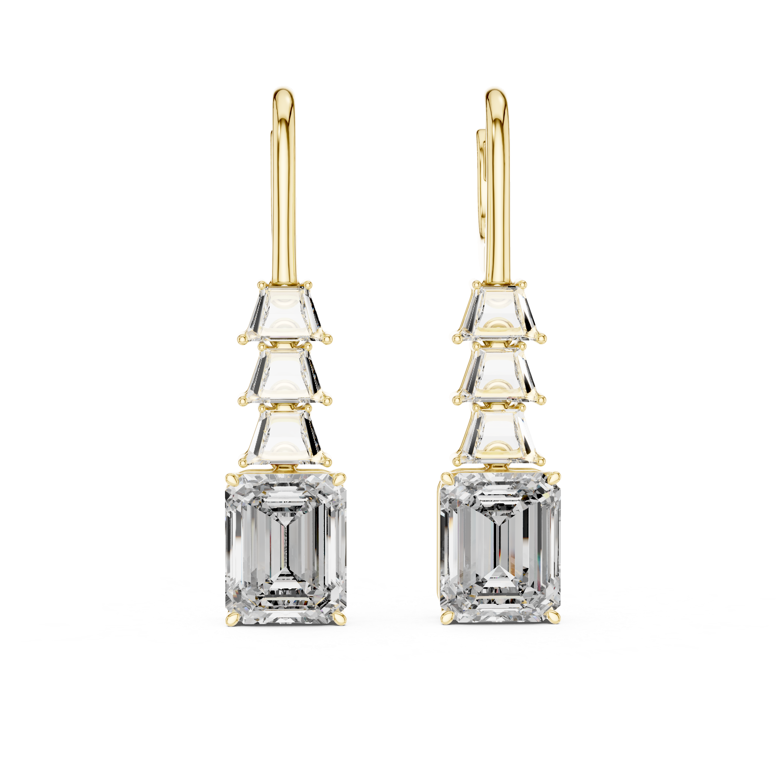 Emerald Cut Solitaire & Trapezoid Diamond Drop Earrings –