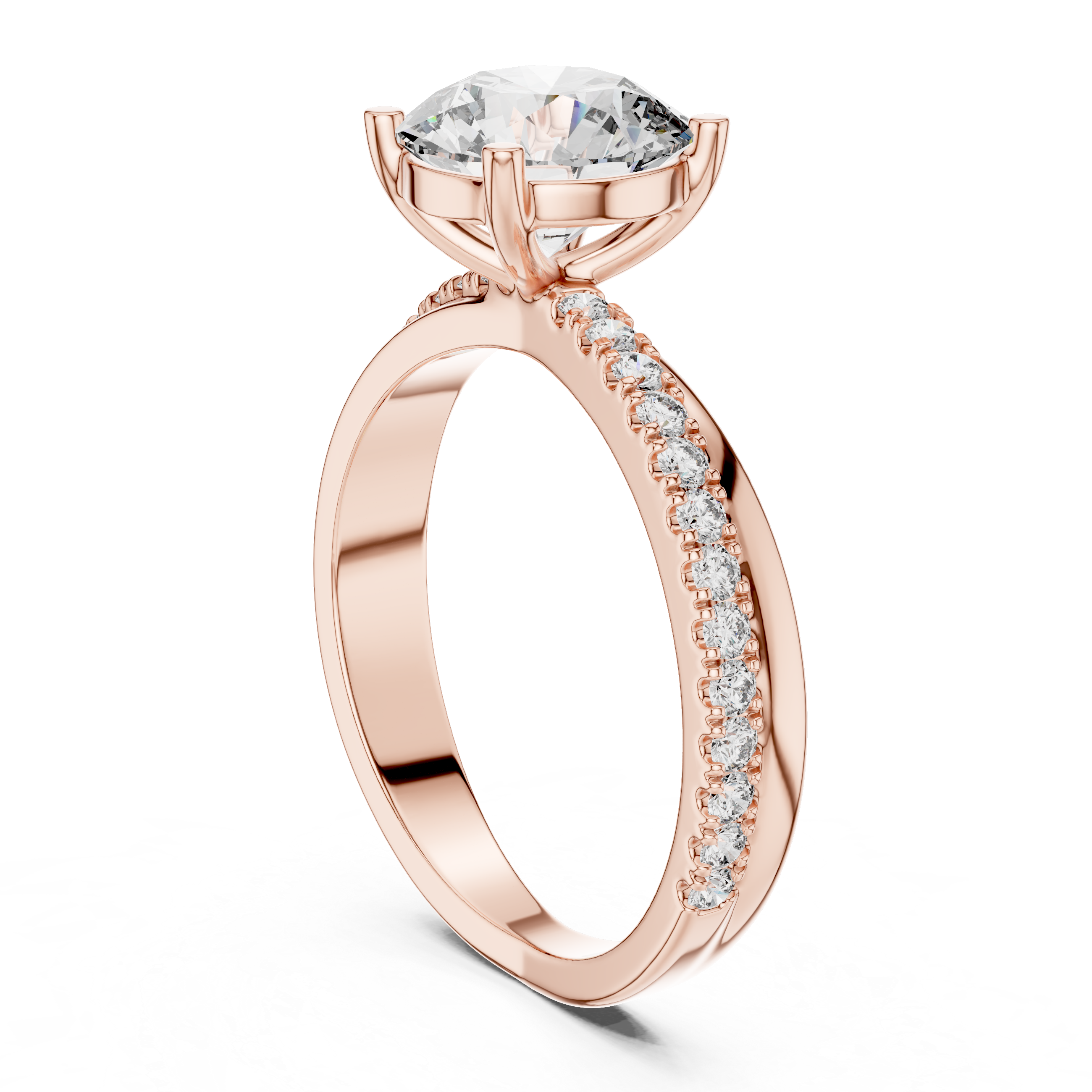 Round Solitaire Engagement Ring with U-Cut Pave Shank