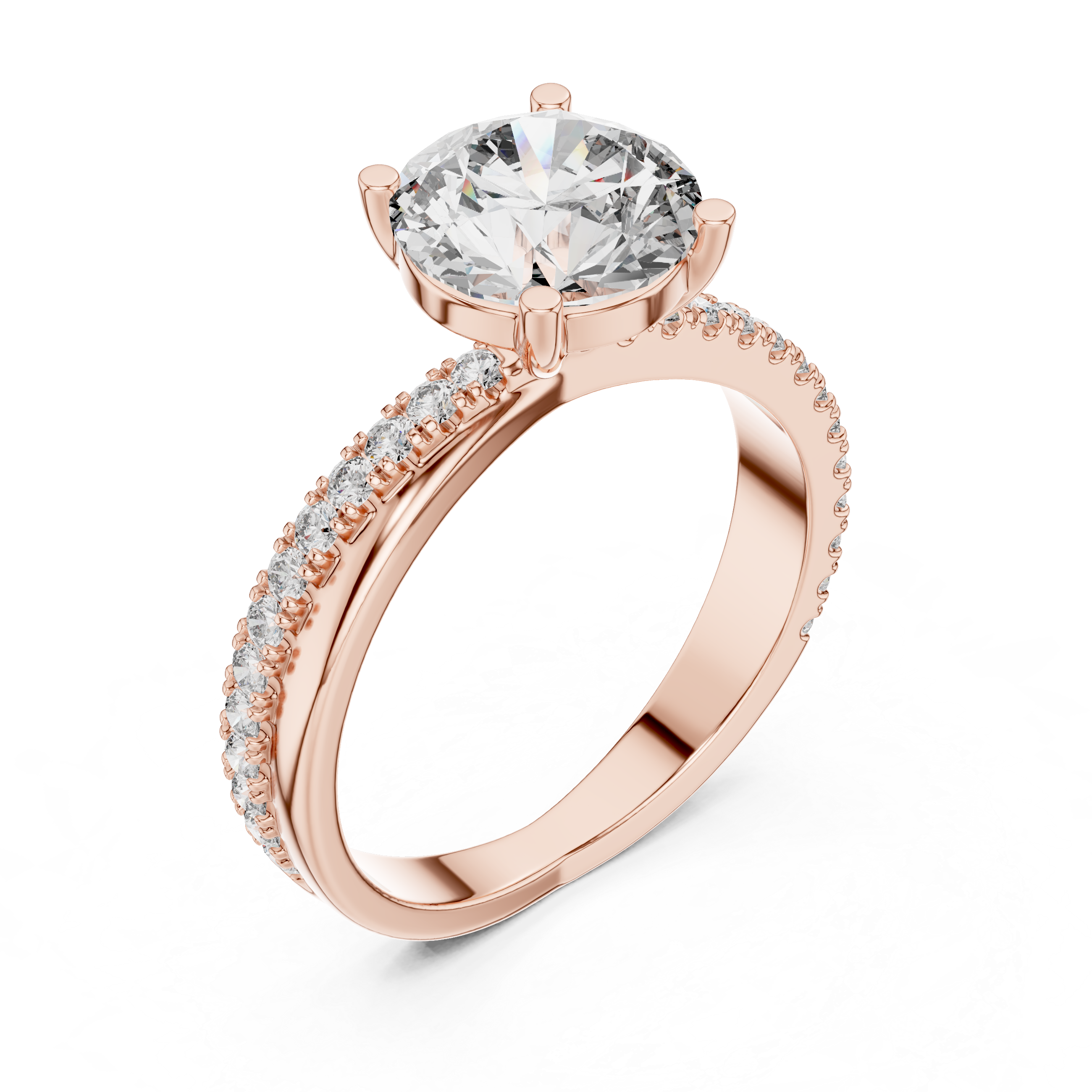 Round Solitaire Engagement Ring with U-Cut Pave Shank