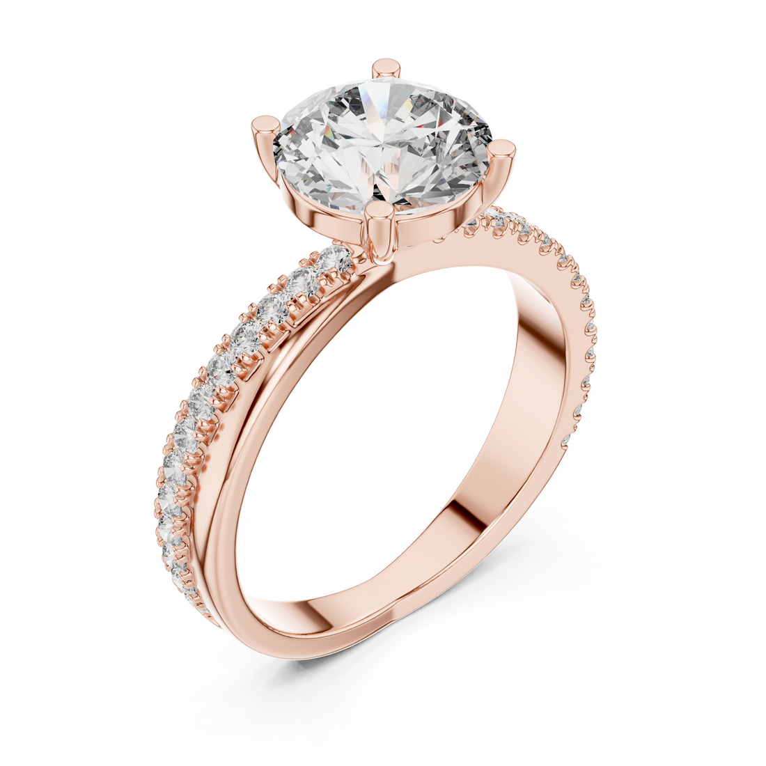 Round Solitaire Engagement Ring with U-Cut Pave Shank