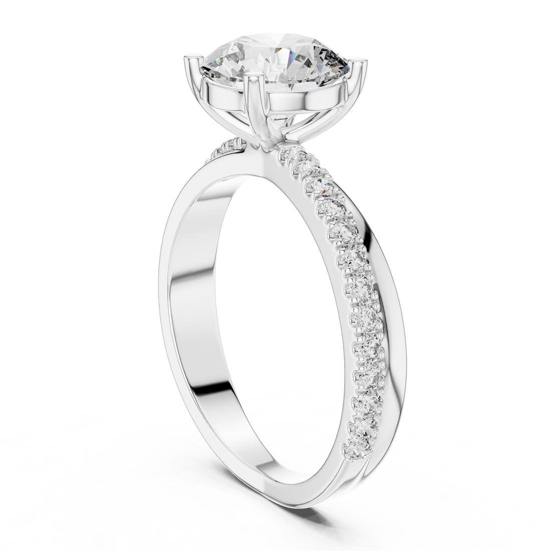 Round Solitaire Engagement Ring with U-Cut Pave Shank