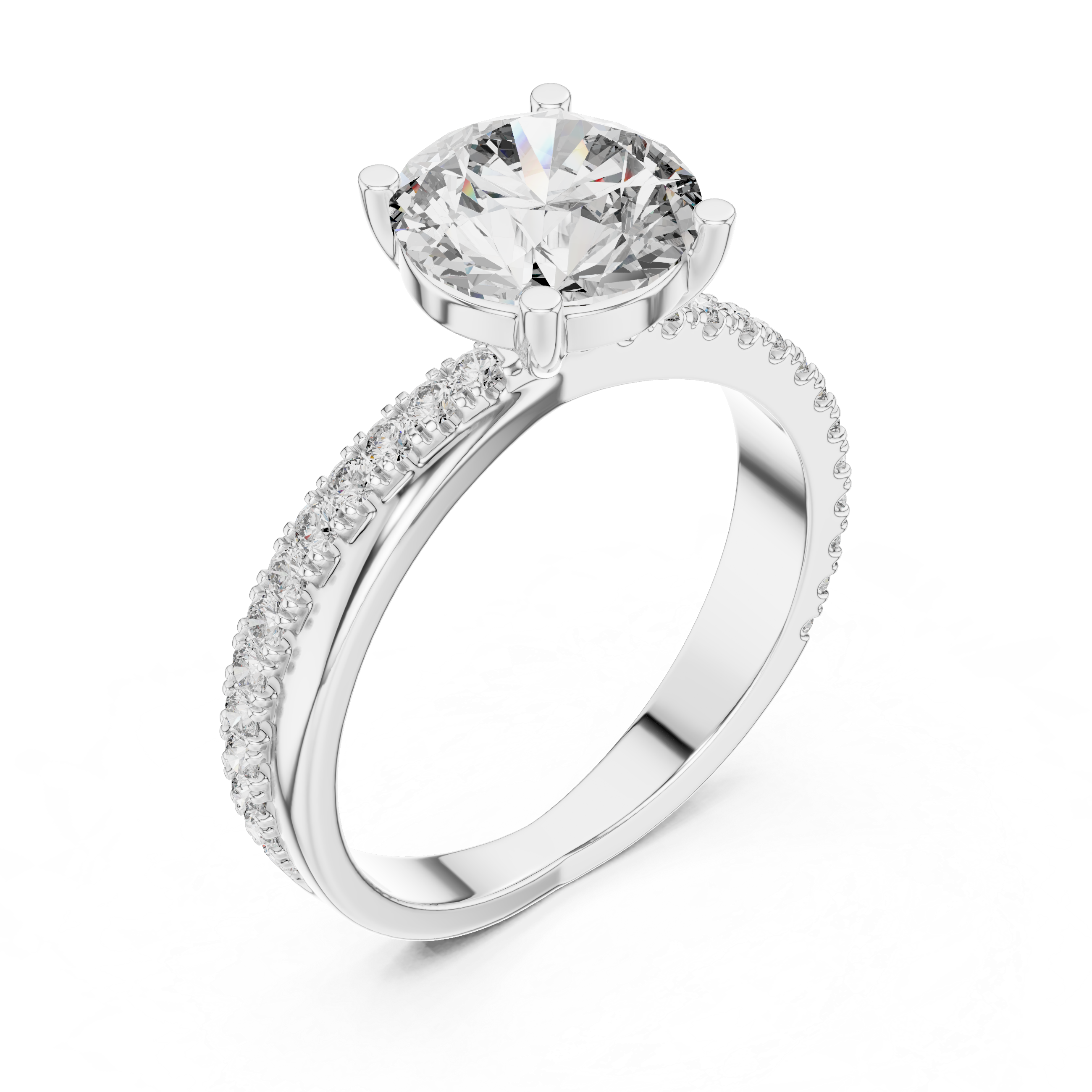 Round Solitaire Engagement Ring with U-Cut Pave Shank