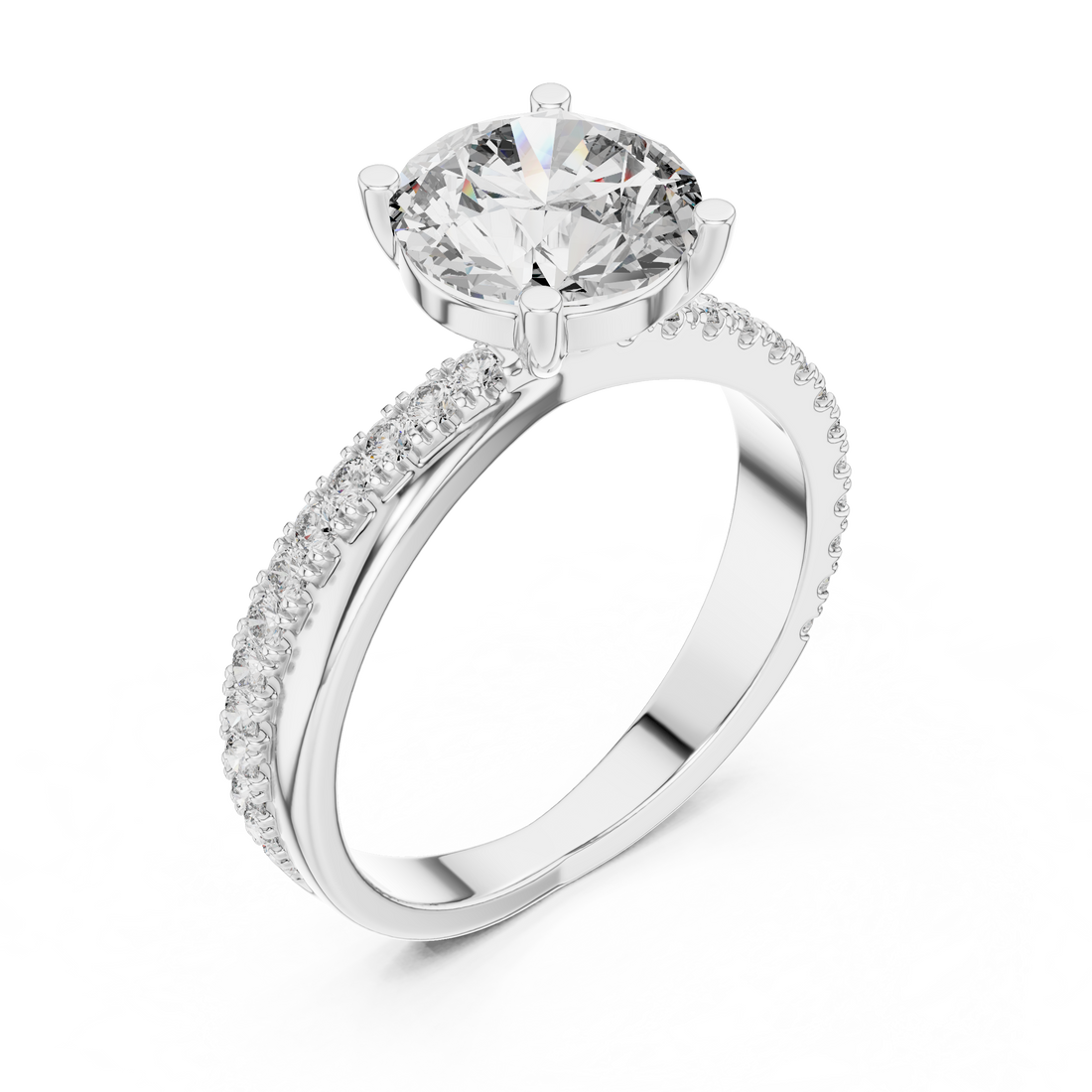 Round Solitaire Engagement Ring with U-Cut Pave Shank