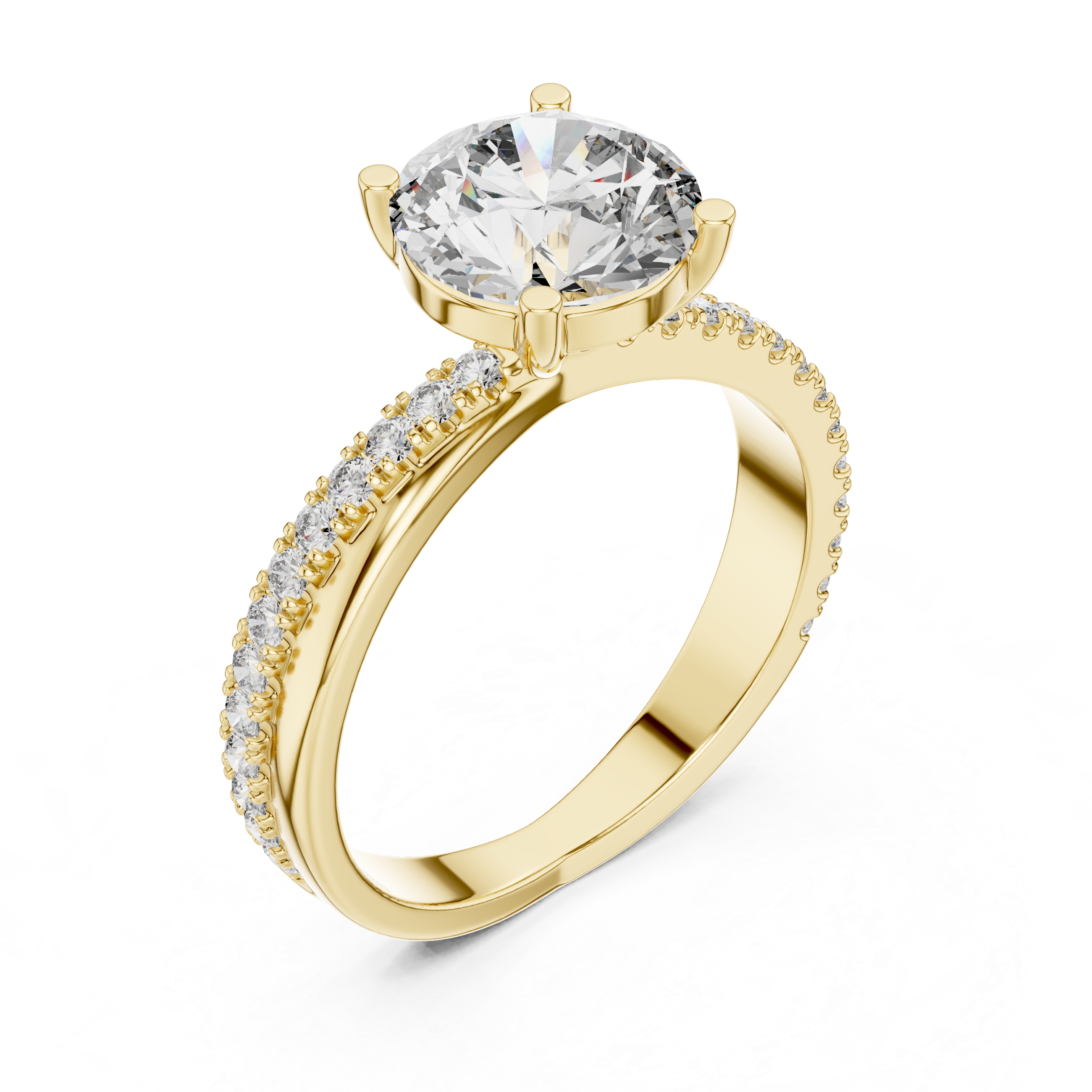 Round Solitaire Engagement Ring with U-Cut Pave Shank