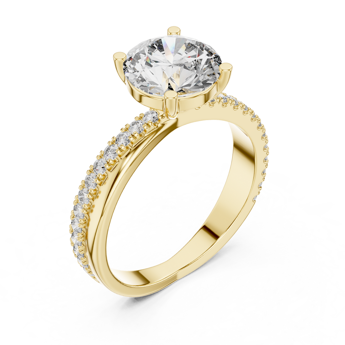 Round Solitaire Engagement Ring with U-Cut Pave Shank