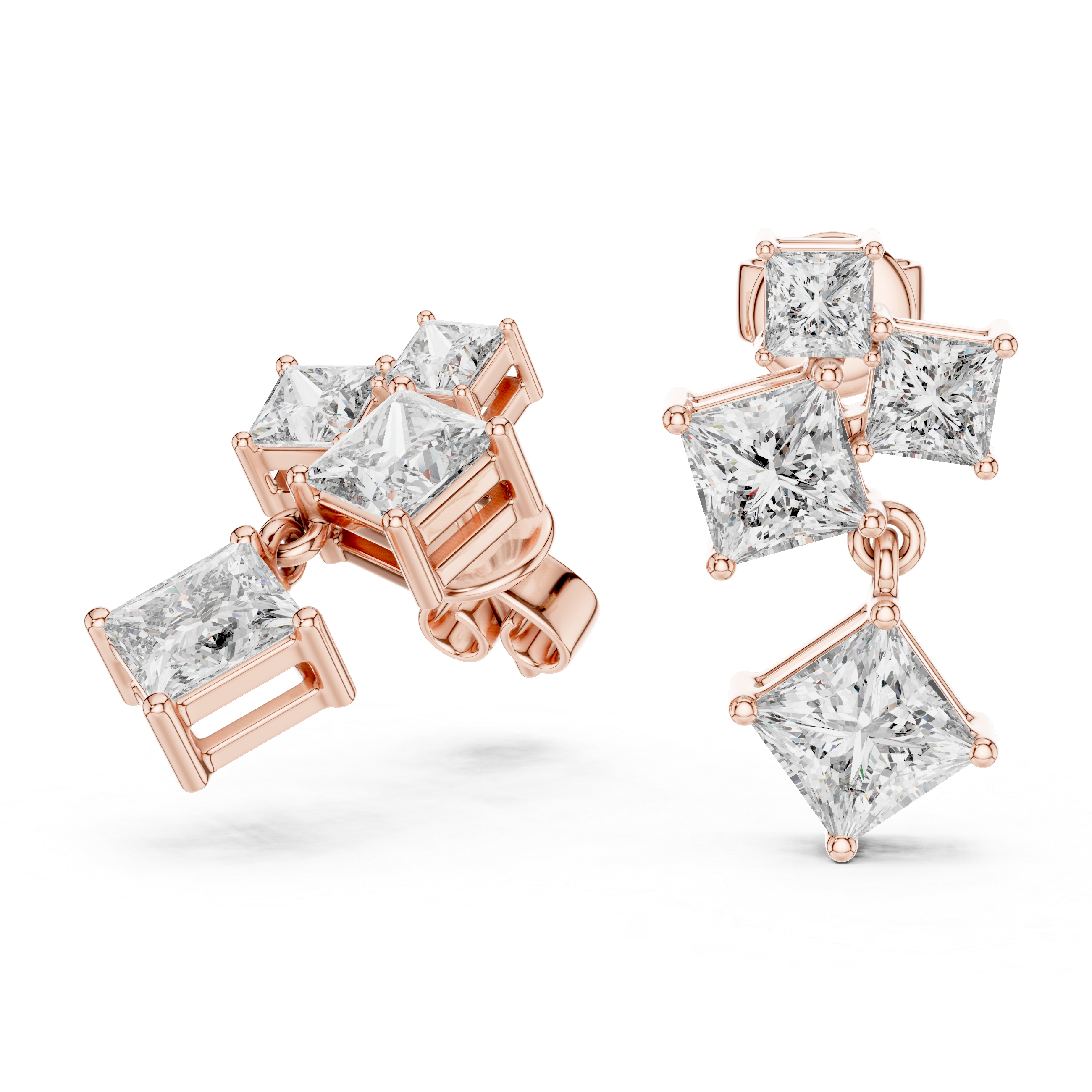 Geometric Princess-Cut Diamond Cluster Drop Earrings