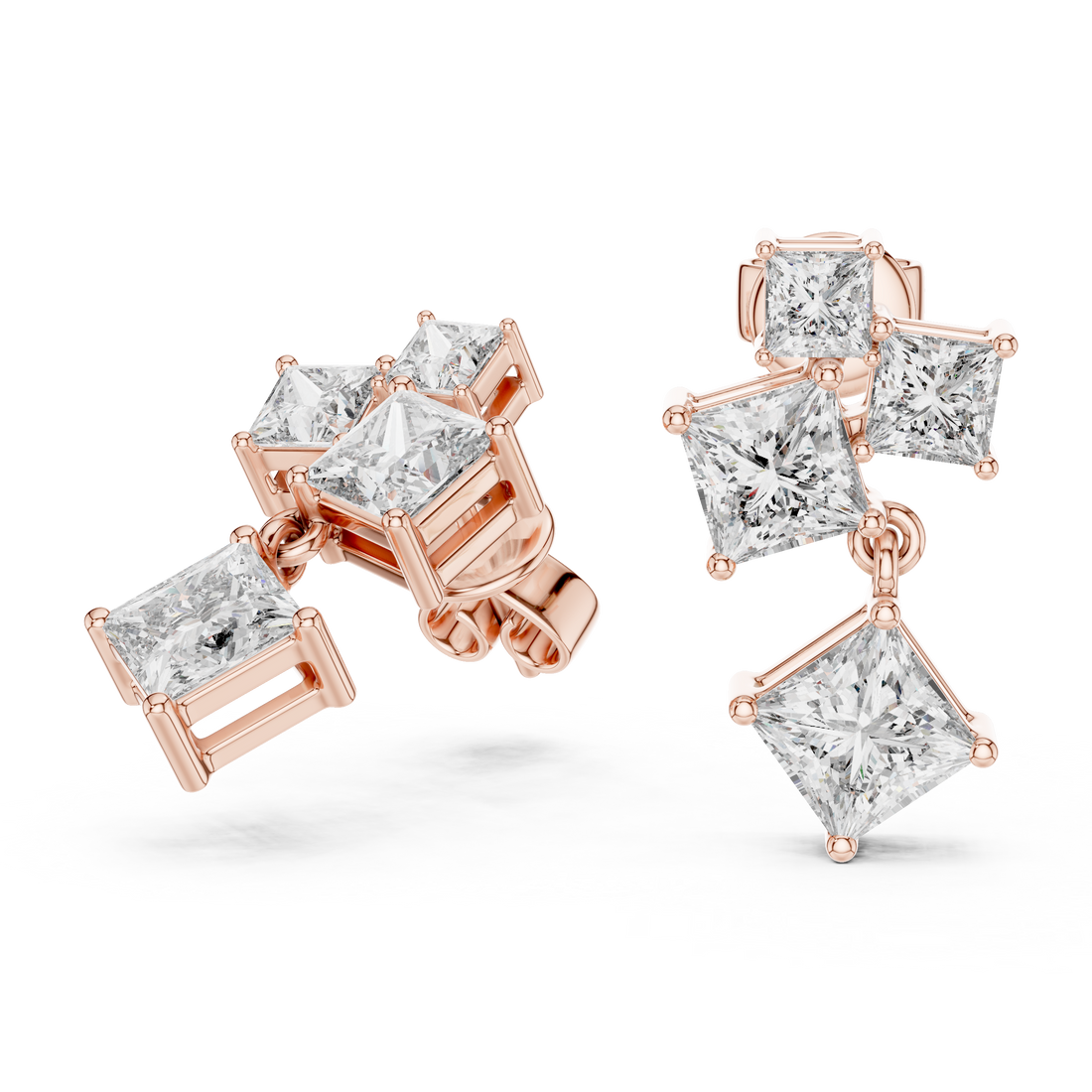 Geometric Princess-Cut Diamond Cluster Drop Earrings