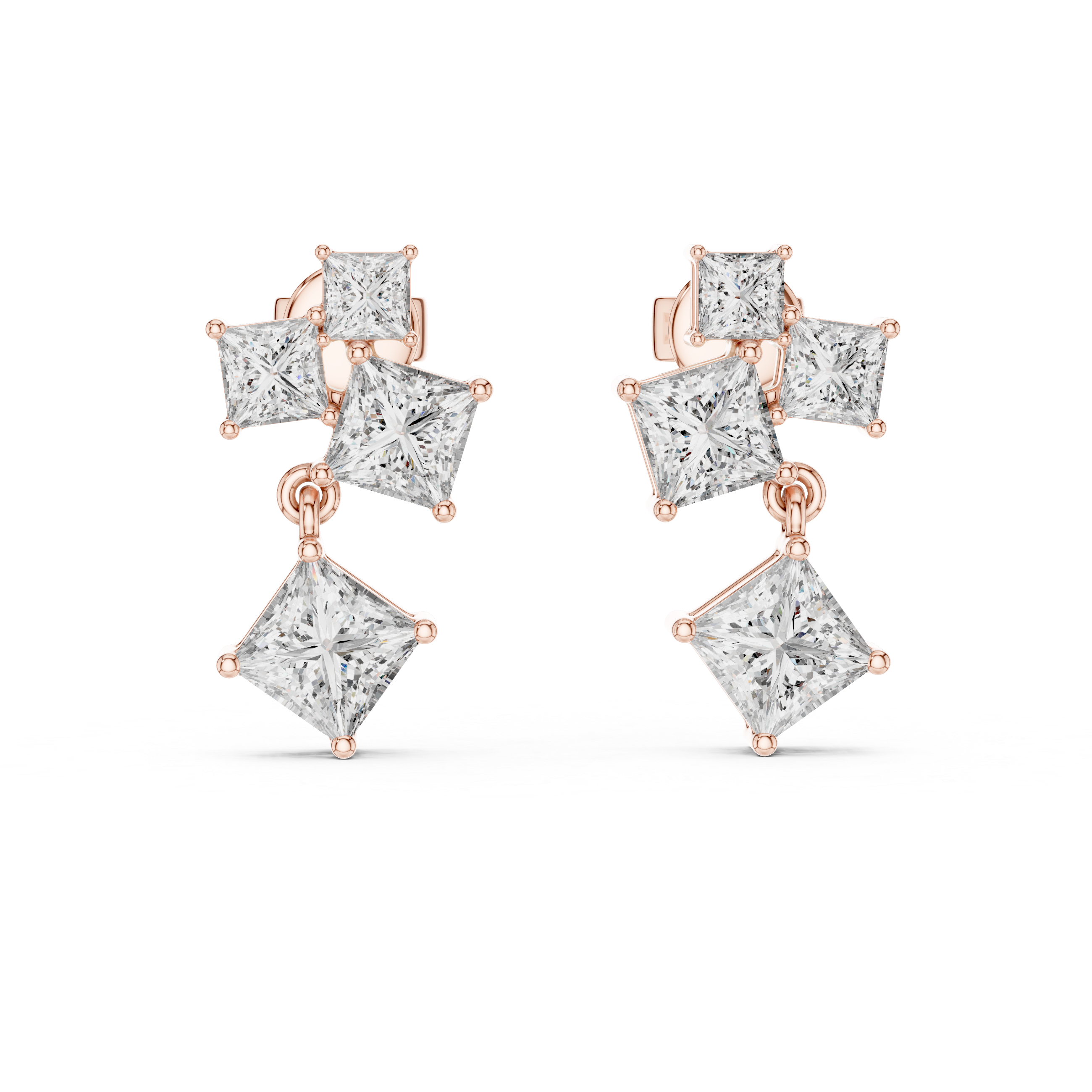 Geometric Princess-Cut Diamond Cluster Drop Earrings