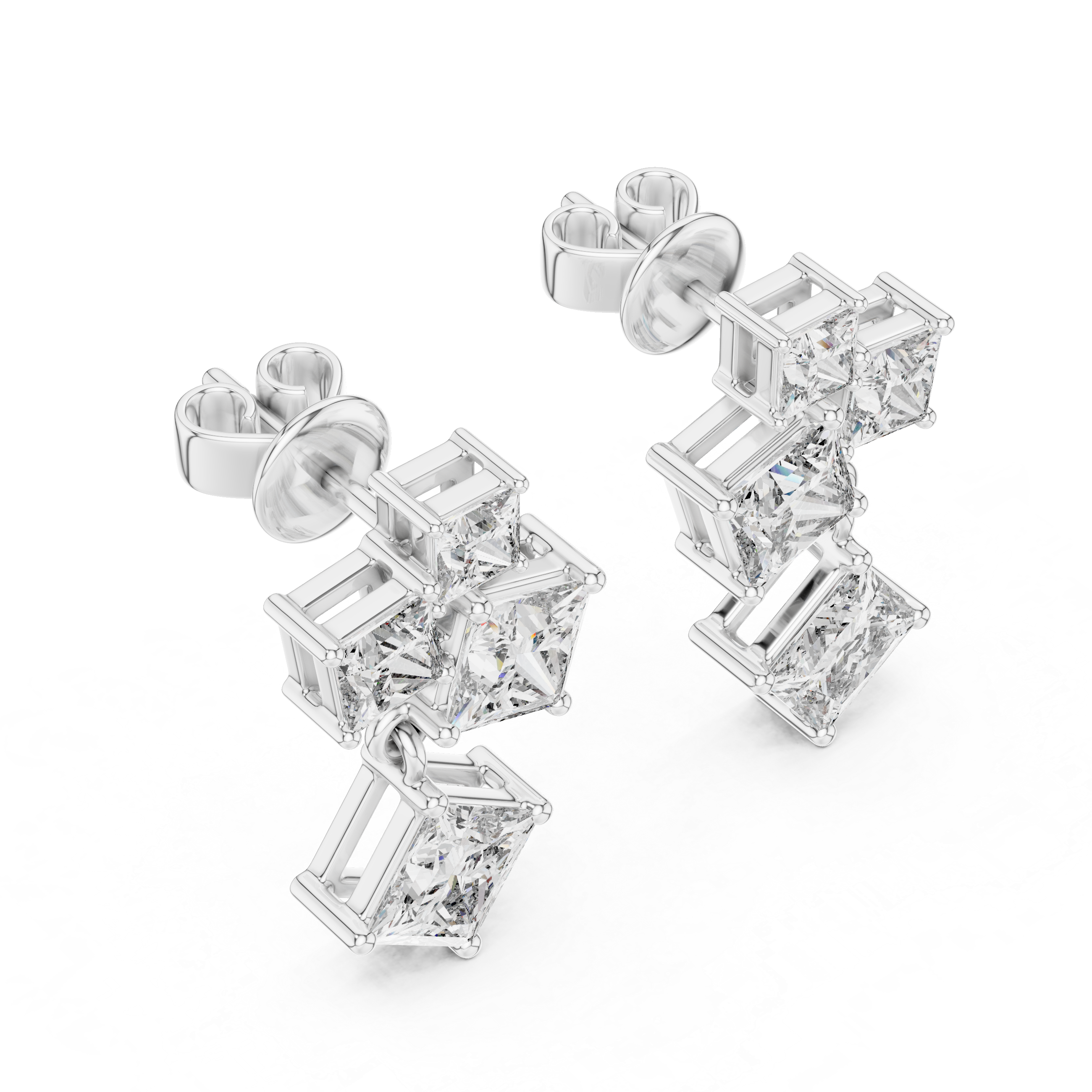 Geometric Princess-Cut Diamond Cluster Drop Earrings