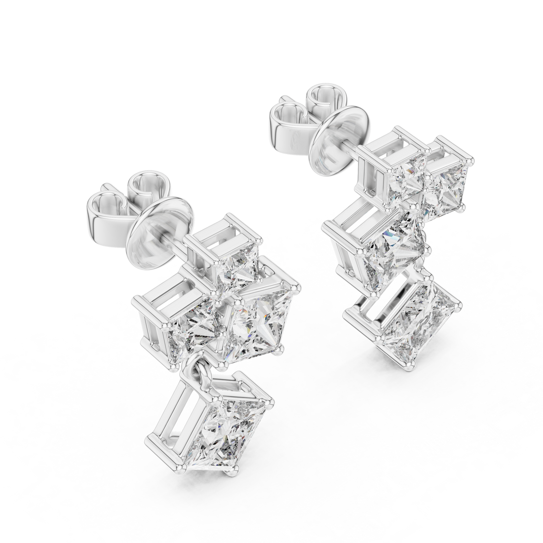 Geometric Princess-Cut Diamond Cluster Drop Earrings