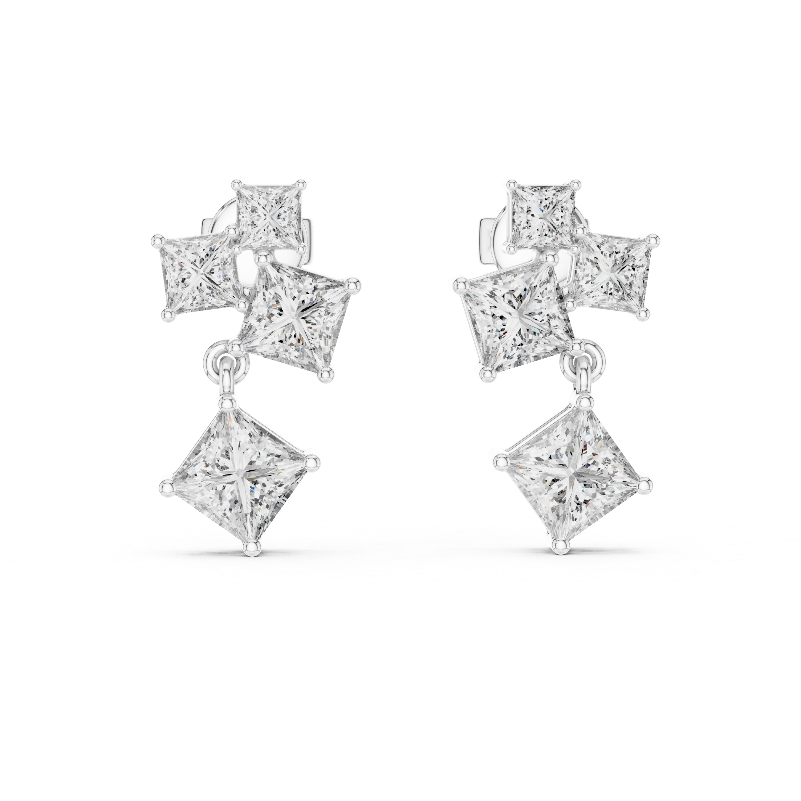 Geometric Princess-Cut Diamond Cluster Drop Earrings
