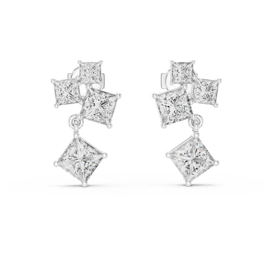 Geometric Princess-Cut Diamond Cluster Drop Earrings