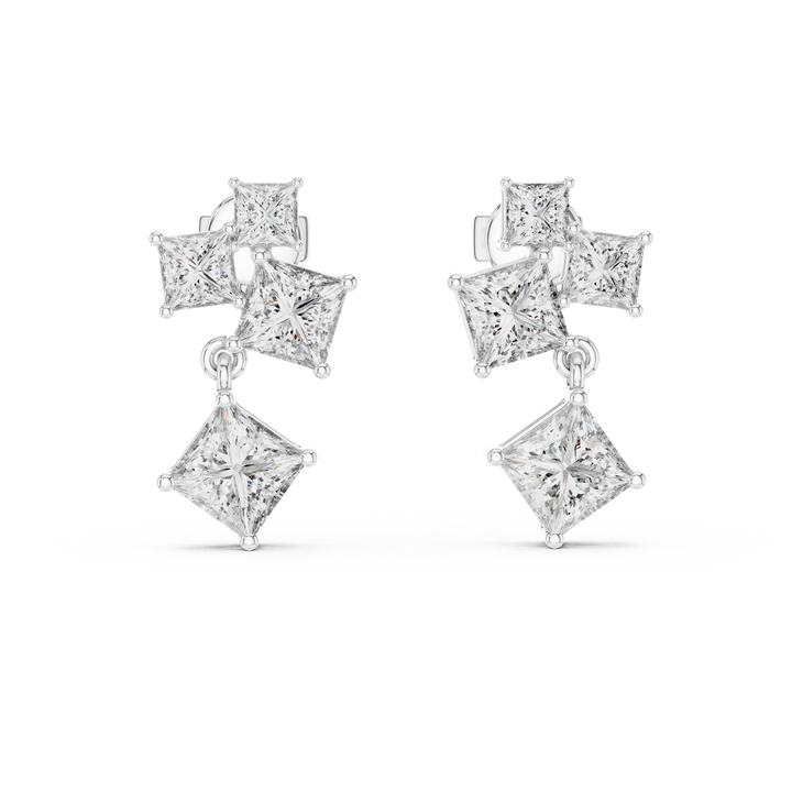 Geometric Princess-Cut Diamond Cluster Drop Earrings
