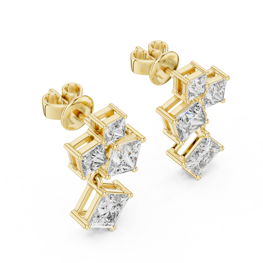 Geometric Princess-Cut Diamond Cluster Drop Earrings
