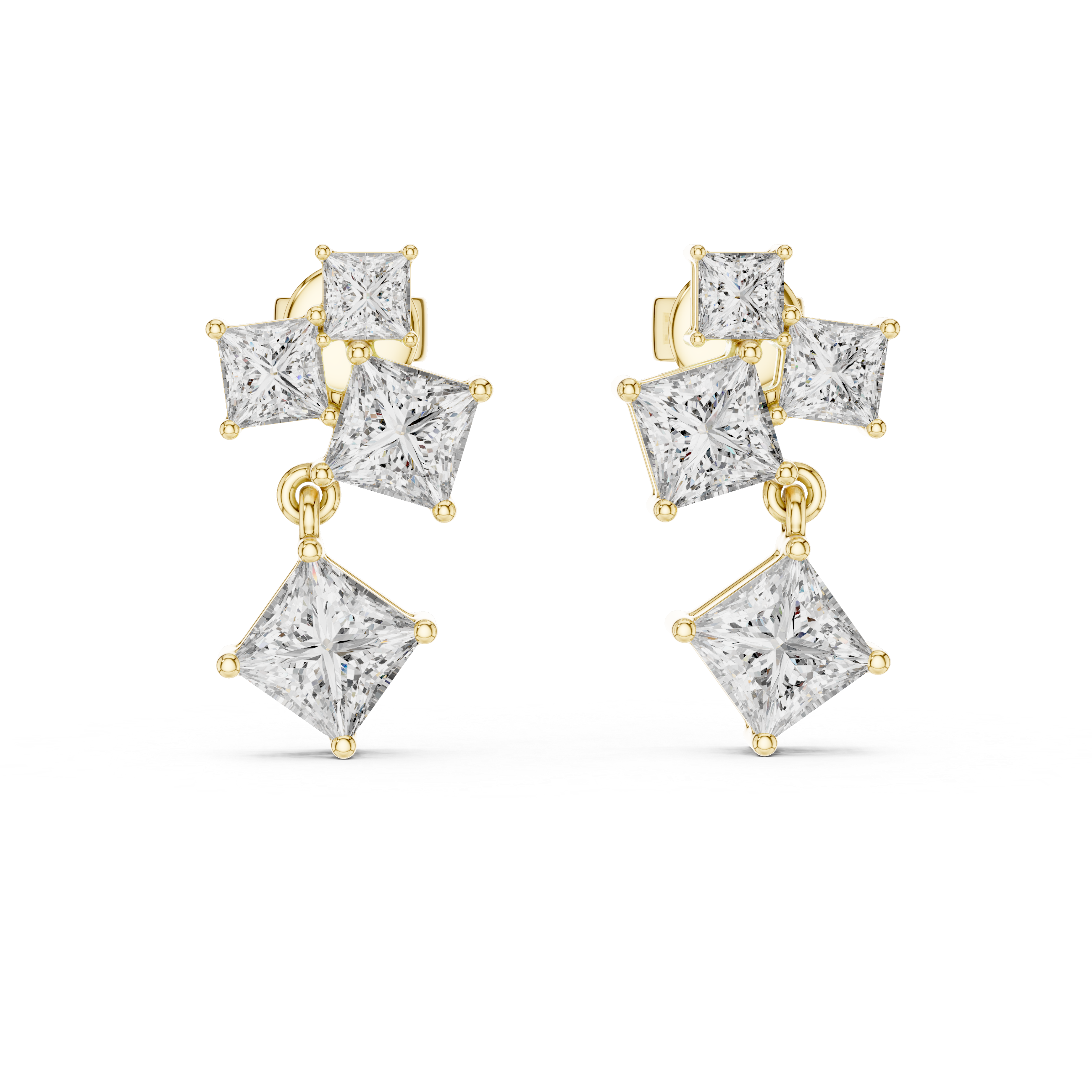 Geometric Princess-Cut Diamond Cluster Drop Earrings