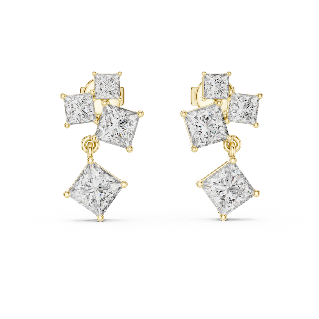 Geometric Princess-Cut Diamond Cluster Drop Earrings