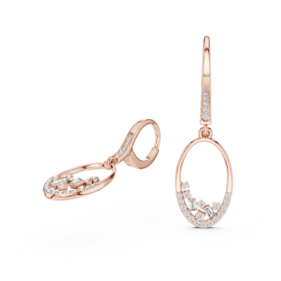 Open Oval Diamond Hoop Drop Earrings